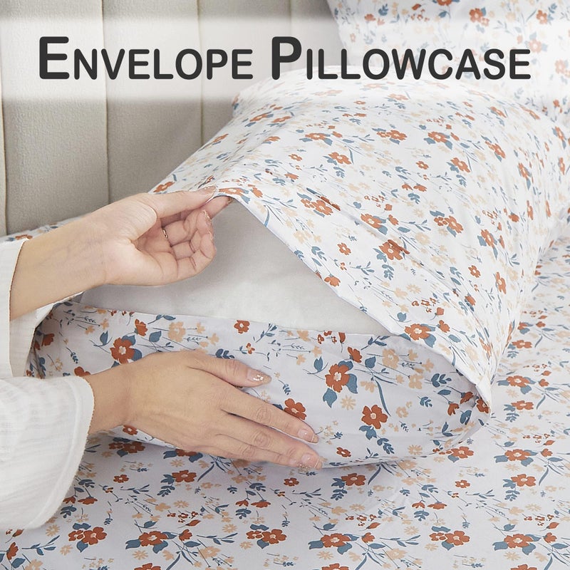 Softan Floral Full Sheet Set, Orange Flower Printed Bed Sheets - 4 Piece Soft Microfiber Patterned Fitted Sheets with 15" Deep Pocket & Non-Slip Straps, Cute Flower Sheets & Pillowcase Set - Image 5